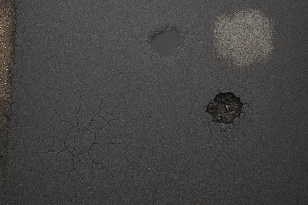 Close-up of asphalt showing cracking, a pothole, a crumbling edge, oxidised pavement and standing water